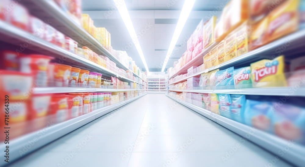 Supermarket photo with bright light and blur effect. generative AI