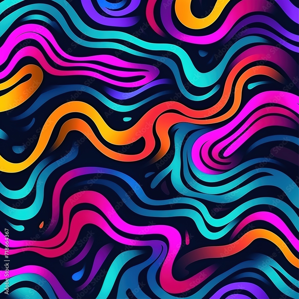 Seamless pattern of bright neon doodle lines. Creative artistic background in the style of the 90s. Trendy design with basic geometric wavy shapes. Psychedelic style. Generative Ai Seamless pattern of bright neon doodle lines. Creative artistic background in the style of the 90s. Trendy design with basic geometric wavy shapes. Psychedelic style. Generative Ai