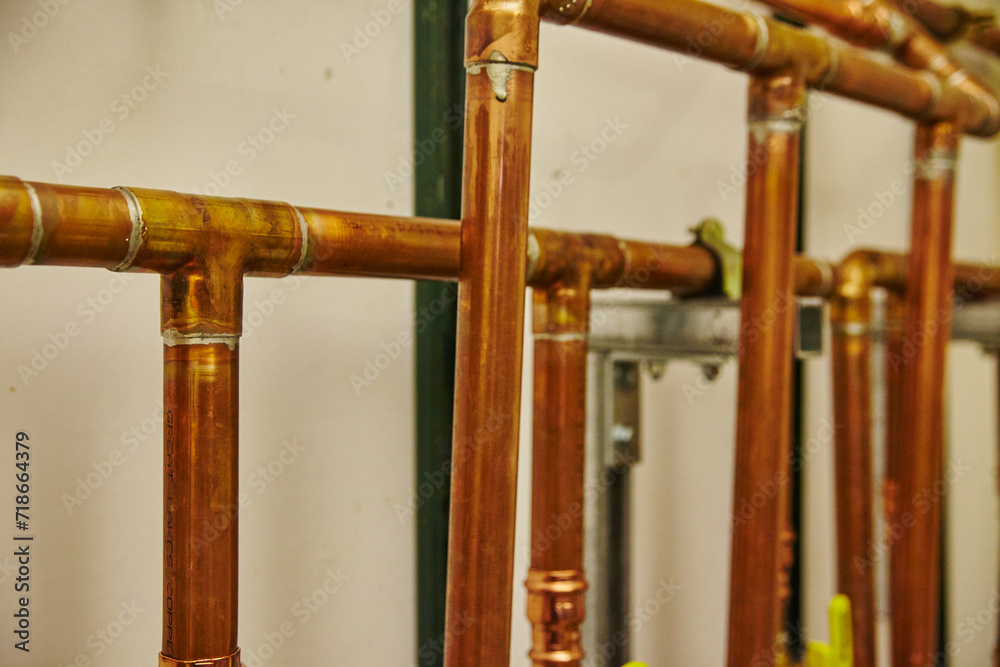 Copper Plumbing Craftsmanship and Pipe Arrangement Close-Up