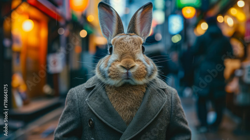 Stylish hare hops through city streets with tailored flair  epitomizing street style. The realistic urban backdrop frames this fashionable lagomorph  merging natural charm with contemporary elegance i