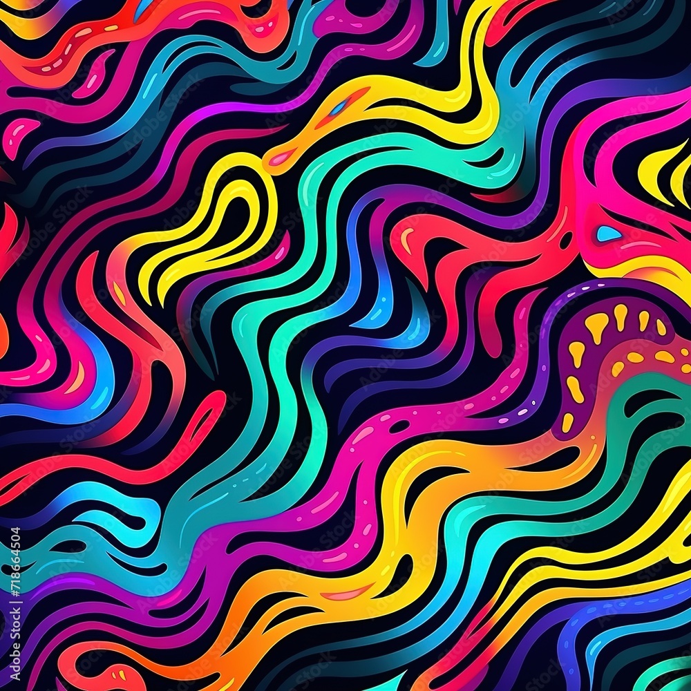 Seamless pattern of bright neon doodle lines. Creative artistic background in the style of the 90s. Trendy design with basic geometric wavy shapes. Psychedelic style. Generative Ai Seamless pattern of bright neon doodle lines. Creative artistic background in the style of the 90s. Trendy design with basic geometric wavy shapes. Psychedelic style. Generative Ai