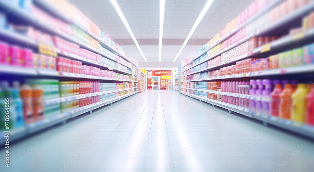 Photo of a supermarket selling various kinds of products with bright light and blur effect. generative AI