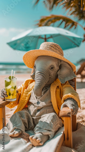 A elefant in human clothes lies on a sunbathe on the beach, on a sun lounger, under a bright sun umbrella, drinks a mojito with ice from a glass glass with a straw, smiles, summer tones, bright rich c