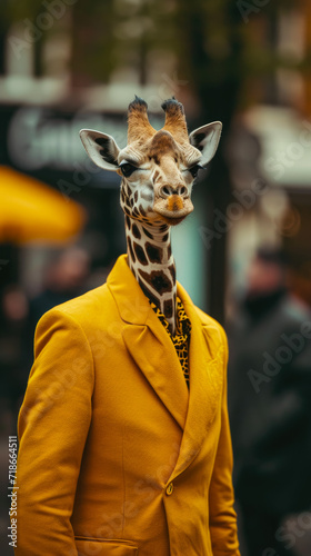 Graceful giraffe strolls through city streets in tailored splendor, epitomizing street style. The realistic urban setting captures the long-necked charm seamlessly merged with contemporary fashion all © Дмитрий Симаков
