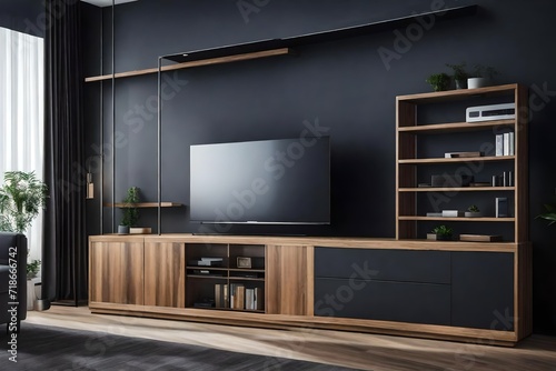 tv  shelf and black wall background