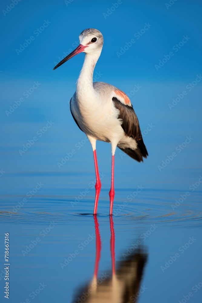 Graceful Stilt Bird Wading in Water with Perfect Reflection - Generative AI Graceful Stilt Bird Wading in Water with Perfect Reflection - Generative AI