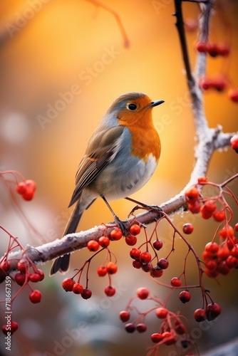 Charming Robin Resting on Snow-Dusted Berries in a Winter Wonderland - Generative AI