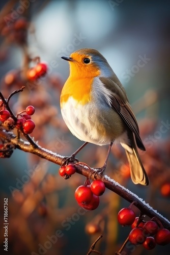 Charming Robin Resting on Snow-Dusted Berries in a Winter Wonderland - Generative AI © Gelpi