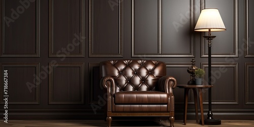 Traditional room decor featuring armchair, floor lamp, and wall panels. photo
