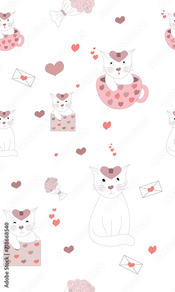 Pattern Musterbild mit Katzen und Herzen zum Valentinstag mit Liebe