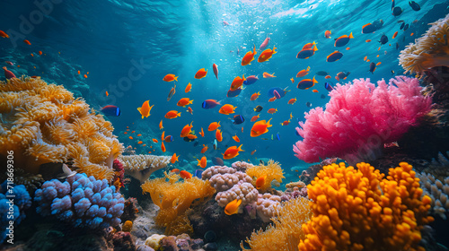 Photo of a coral colony, Amphiprion ocellaris clownfish in marine aquarium. Orange corals in the background. Colorful pattern, texture, wallpaper, panoramic underwater view. Concept art, Generative Ai photo