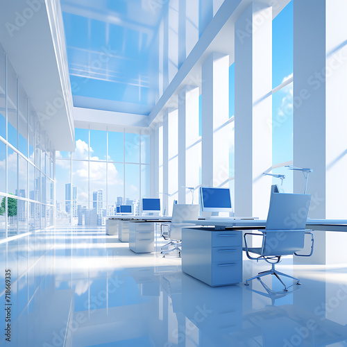 modern office with blue glass wall and white floor.