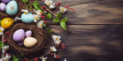 Colored eggs in a beautiful nest. 