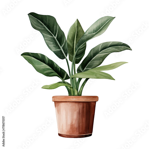 AI-generated watercolor potted houseplant clip art illustration. Isolated elements on a white background.