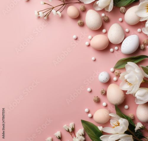 Easter poster and banner template with Easter eggs and flowers on a pink background.Promotion and shopping template for Easter. Beautiful easter promotion banner.Top view  flat lay.Copy Space for text