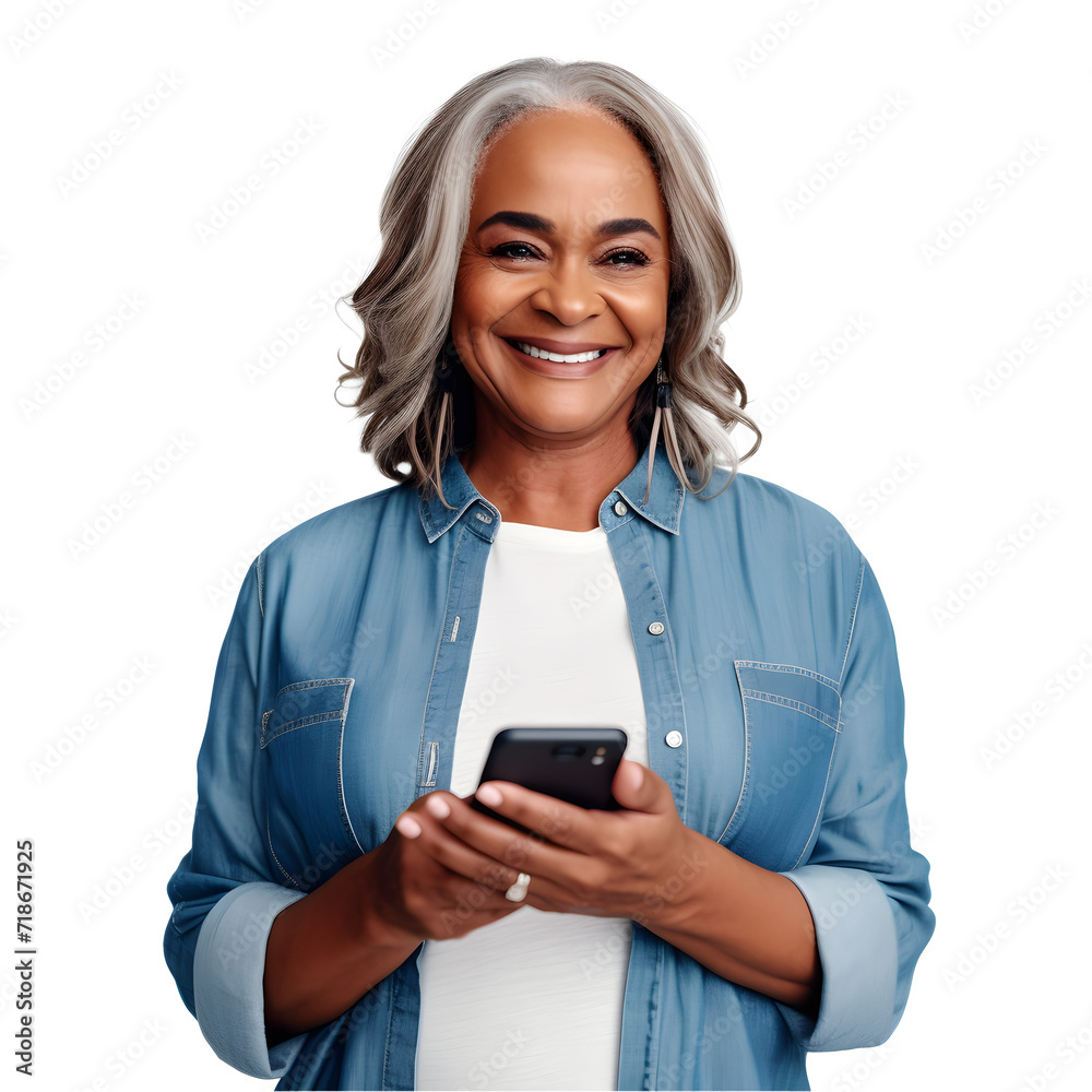 Smiling mature woman with a smartphone isolated on a transparent background Smiling mature woman with a smartphone isolated on a transparent background