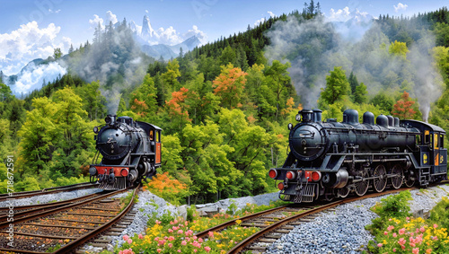 A black steam engine locomotive with smoke billowing out the top, traveling on tracks through a mountainous forest.