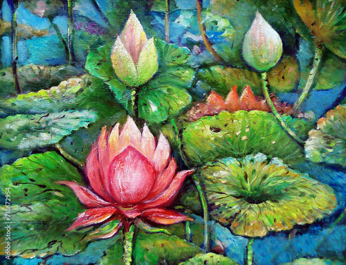 hand painted original impressionism oil painting abstract color petal  lotus flower and waterlily		
