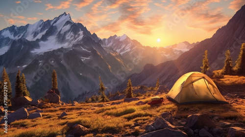 A campsite against a panoramic mountain background at sunrise