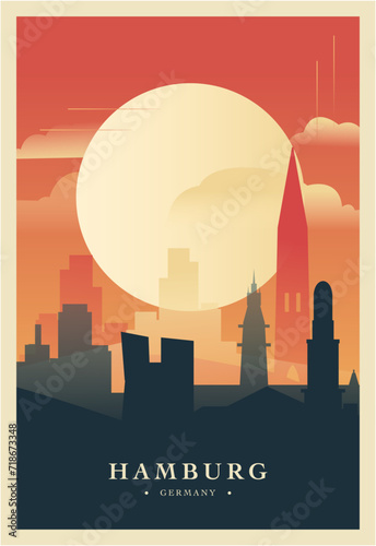 Hamburg city brutalism poster with abstract skyline, cityscape retro vector illustration. Germany town travel front cover, brochure, flyer, leaflet, business presentation template image