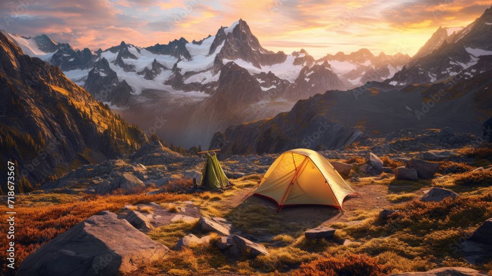 A campsite against a panoramic mountain background at sunrise - obrazy, fototapety, plakaty 