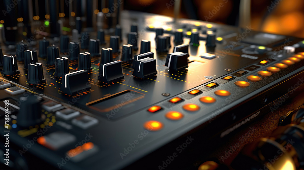 Close - up photo of a DJ mixer Close - up photo of a DJ mixer