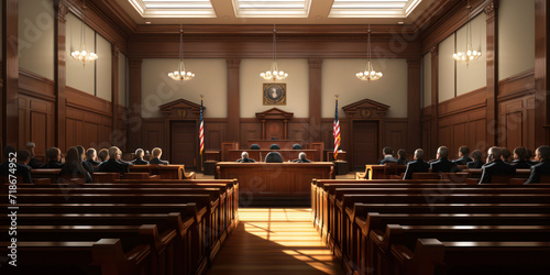 Courtroom Majesty: An Empty Chamber of Justice, Symbolizing Law and Authority in an Architectural Masterpiece