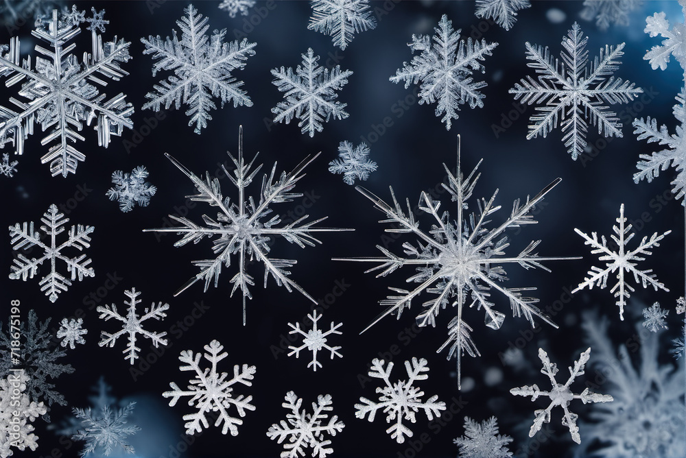 Delicate macro close-up of snowflakes while snowing Delicate macro close-up of snowflakes while snowing