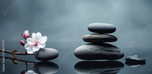 A pile of black Zen stones on the water with flower decorations beside it. generative AI