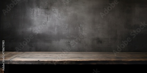 Dark room with blurred concrete block wall, old wooden table.