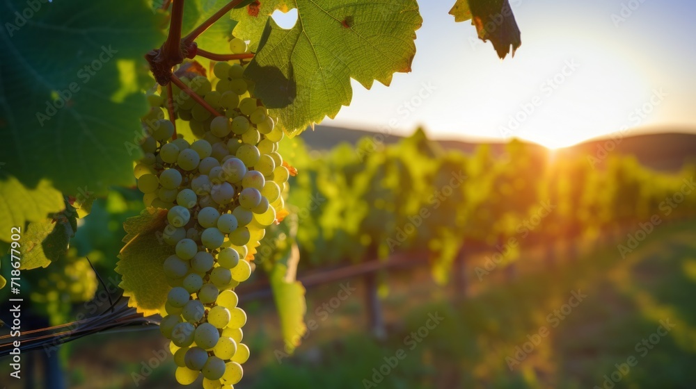 Close-up of a bunch of white grapes between grape leaves in a vineyard at sunset. Autumn harvest, Winery concept. Copy Space. - obrazy, fototapety, plakaty 