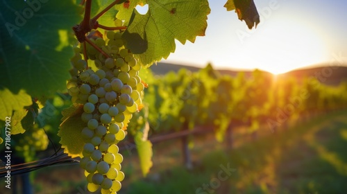 Close-up of a bunch of white grapes between grape leaves in a vineyard at sunset. Autumn harvest, Winery concept. Copy Space. photo