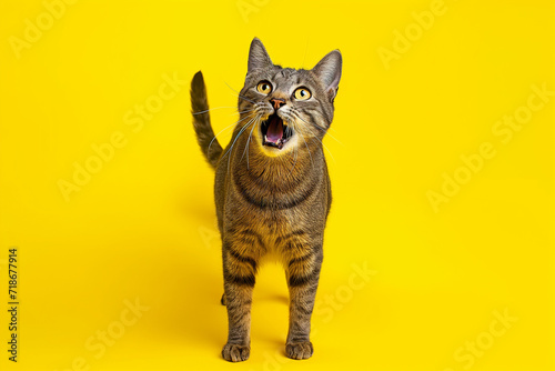 a meowing cat on a yellow background