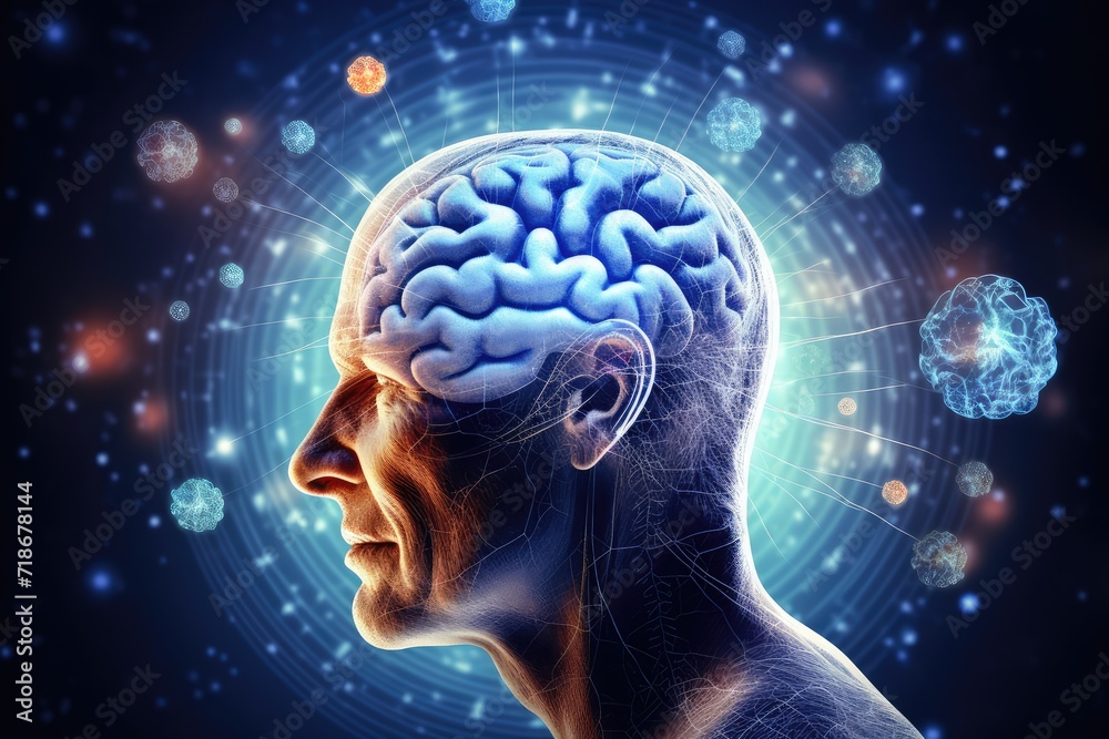 Obraz premium Brain regions: hippocampus, amygdala, frontal, parietal, temporal, occipital lobes, Broca's and Wernicke's areas, corpus callosum, basal ganglia. Neurotransmitters include glutamate GABA amino acid