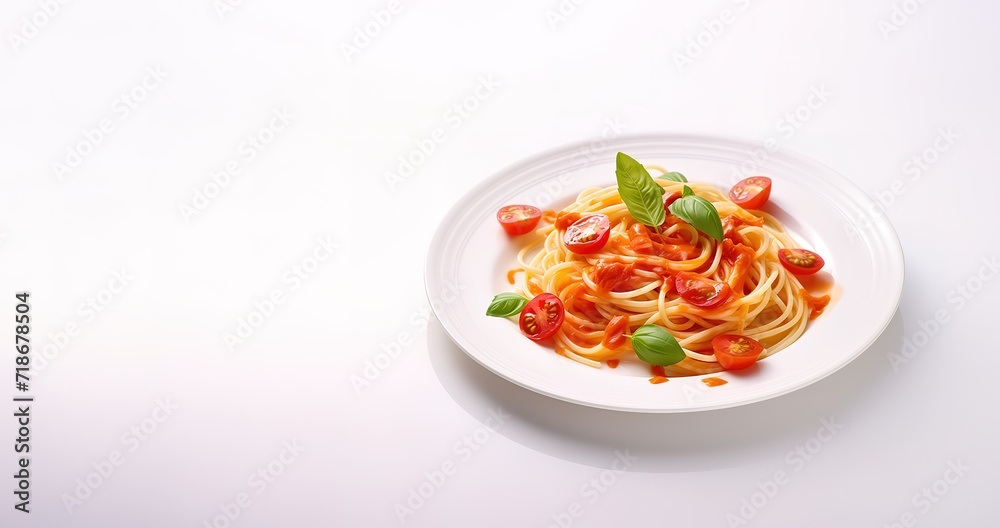 spaghetti with tomato sauce and basil on white background. generative AI spaghetti with tomato sauce and basil on white background. generative AI