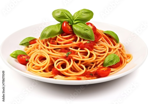 spaghetti with tomato sauce and basil decorated with green leaves on top on a white background. generative AI