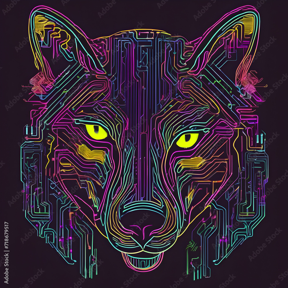 Obraz premium Neon light Wolf head vector illustration ,Luxury logo, icon, vector illustration , silhouette, background, drawing ,wallpaper ,sketch 