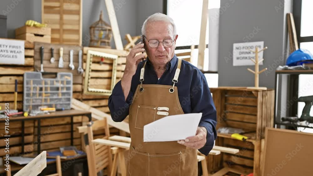 Mature man hunched over documents in his timber-laden carpentry workshop, chin perched atop glasses as he chats away on his smartphone, mid-conversation amidst his lifelong woodwork profession. Mature man hunched over documents in his timber-laden carpentry workshop, chin perched atop glasses as he chats away on his smartphone, mid-conversation amidst his lifelong woodwork profession.