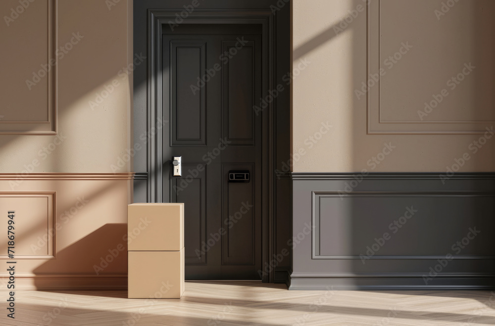 Fototapeta premium Door delivery, courier or package on front doorstep for ecommerce business, shopping or shipment company. Empty, home and entrance with parcel for secure service, cardboard box, and residence