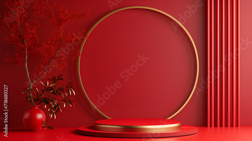 Chinese New Year Template with Circle Frame and Lantern, copy space, generative ai
