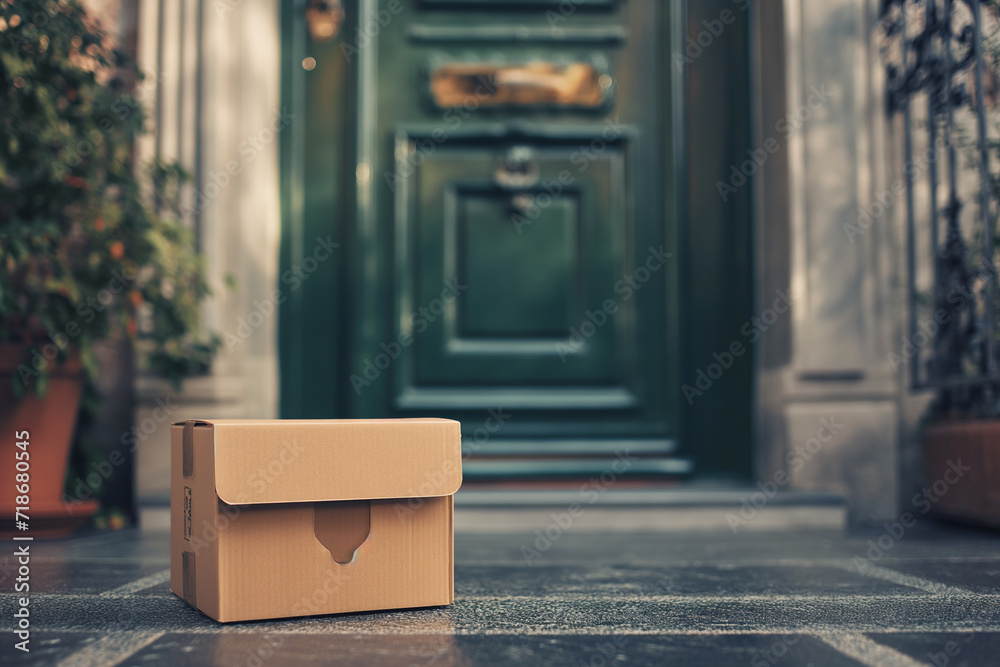 cardboard box near the door, the concept of an online shopping delivery service cardboard box near the door, the concept of an online shopping delivery service