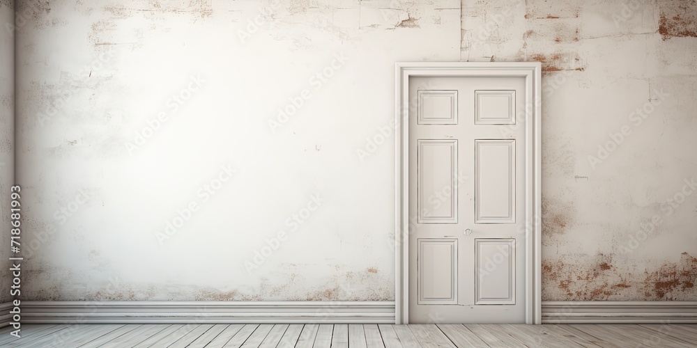 Daytime in old empty room, shabby white wooden door. Daytime in old empty room, shabby white wooden door.
