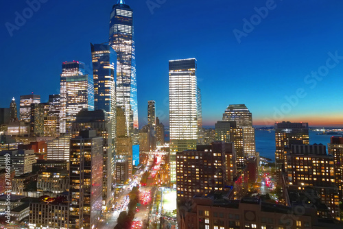 I love NYC. New York City famous top view. Night New York City from above. Night New York panorama, NYC skyline at twilight. New York famous building. Night traffic in NYC. Lower Manhattan.