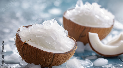 Halved coconuts with fresh coconut oil on ice. photo
