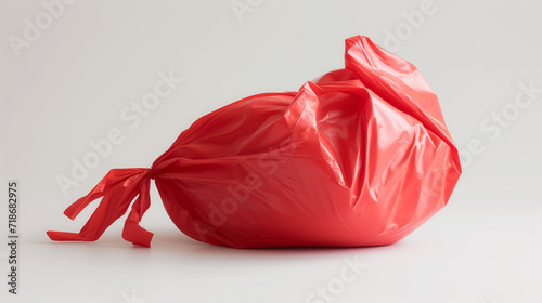 Crumpled red trash bag on a neutral backdrop.