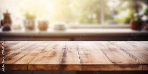 Blurred kitchen with empty wooden table