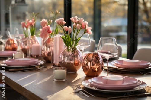 Festive table setting in pink tones photo