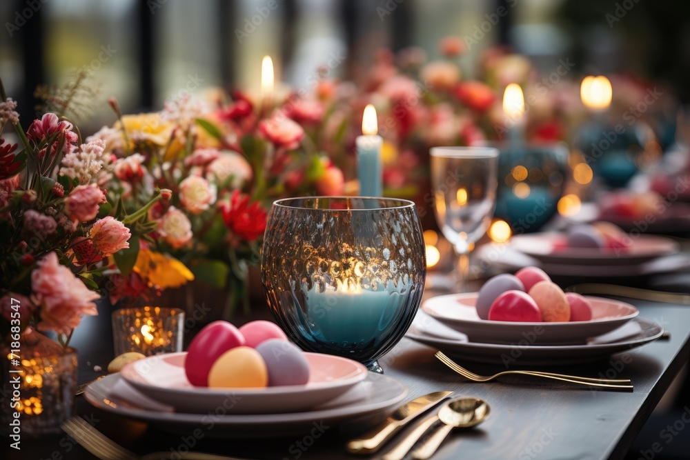 Colorful Easter dinner table setting with Easter eggs and flowers