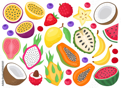 Various tropical fruits on a white background. Dragon fruit, pitaya, papaya, mango, banana, annona, banana, 
lychee, passion fruit, coconut, strawberry, watermelon, berries, carambola.