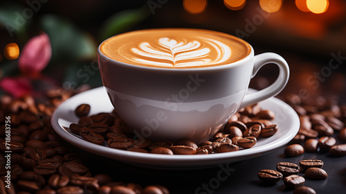 A warm, inviting cup of coffee with intricate latte art, surrounded by roasted beans in a cozy, dimly lit setting. 